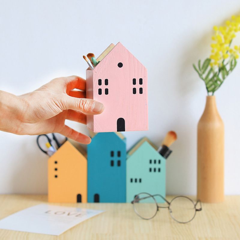 House Shape Wood Pen Holder