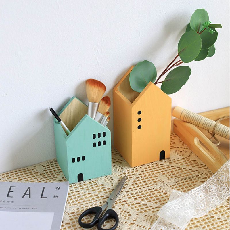 House Shape Wood Pen Holder