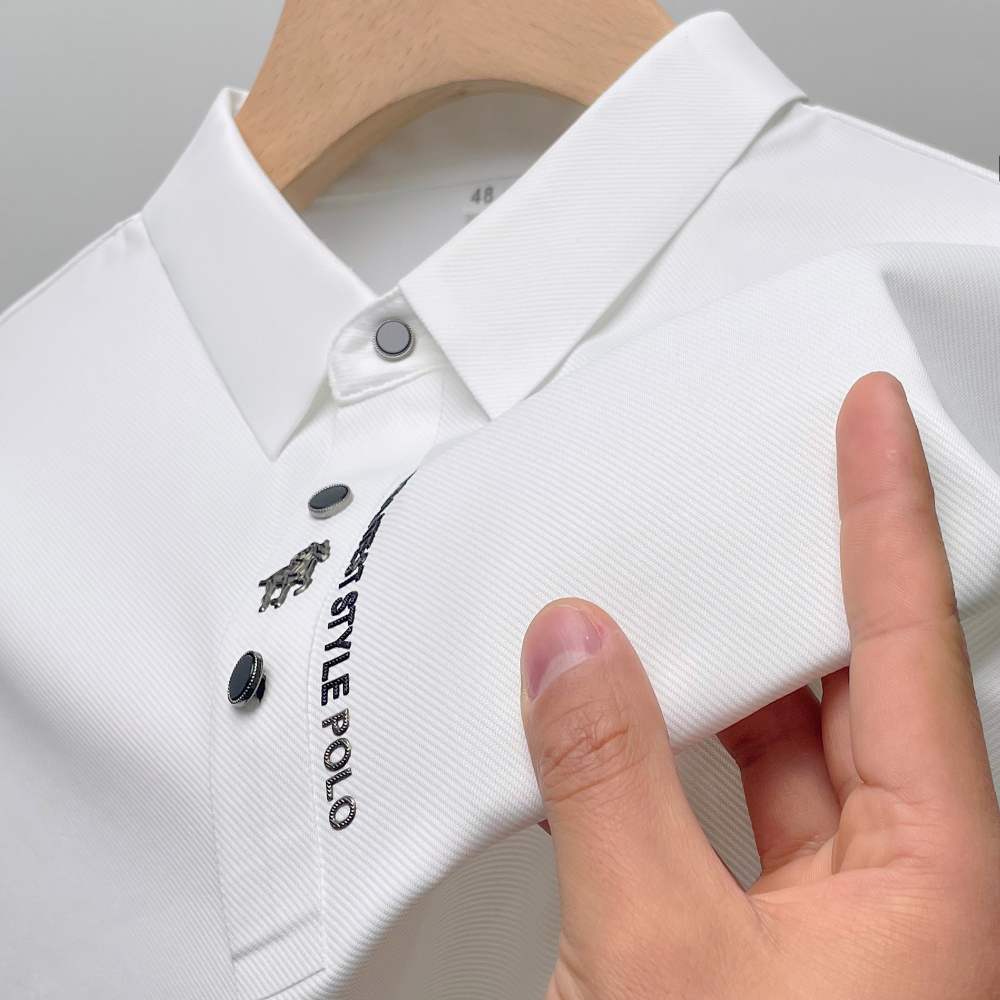 Ice Silk Embroidery Polo Shirt Summer Lapel Elasticity T-shirt Korean Fashion Short Sleeve Business Casual Men Clothing