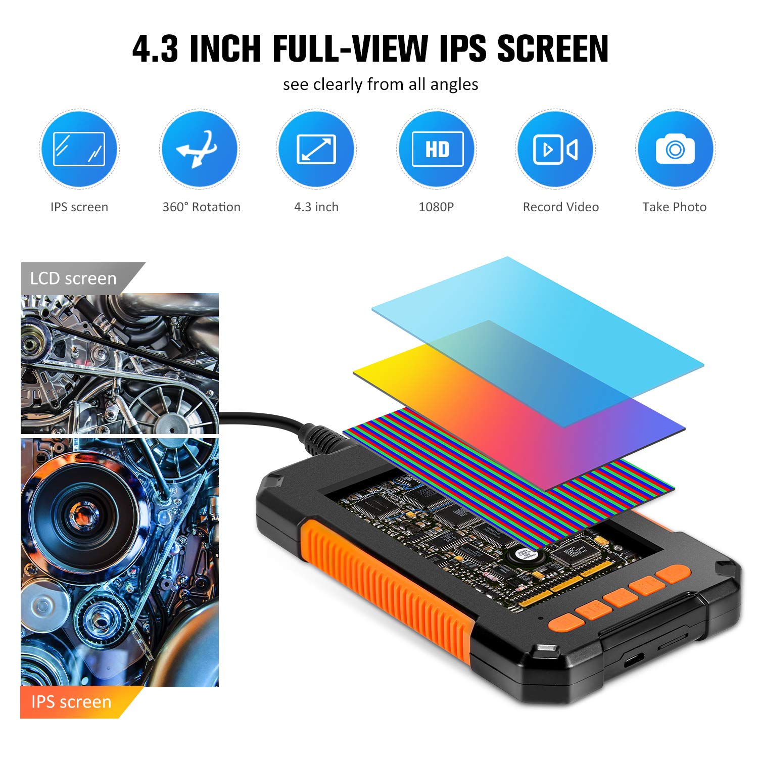 Industrial Endoscope Camera 1080P 4.3 Inch IPS Single Dual Lens Pipe Car Inspection Borescope IP68 Waterproof With 8 LED