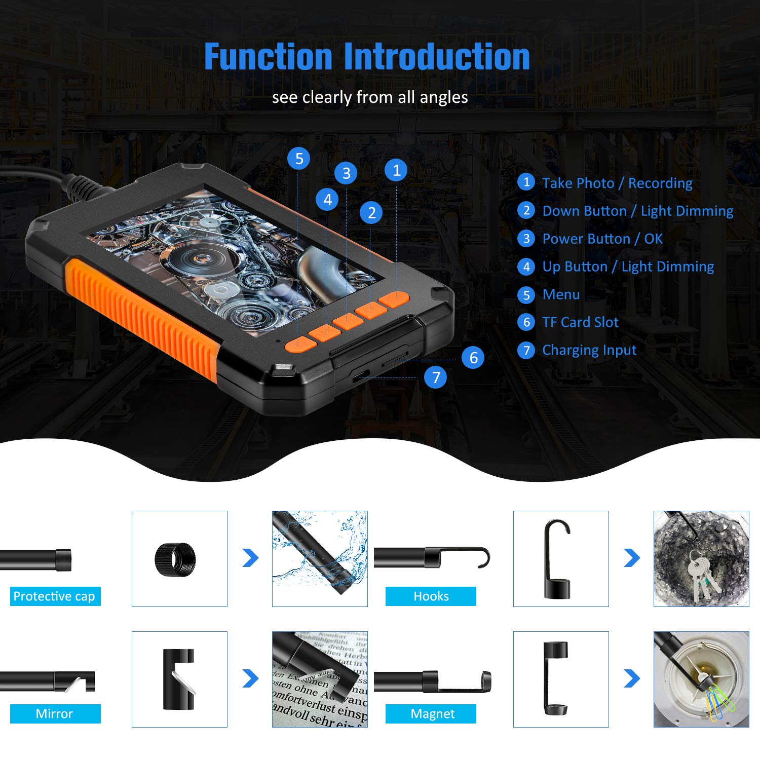 Industrial Endoscope Camera 1080P 4.3 Inch IPS Single Dual Lens Pipe Car Inspection Borescope IP68 Waterproof With 8 LED