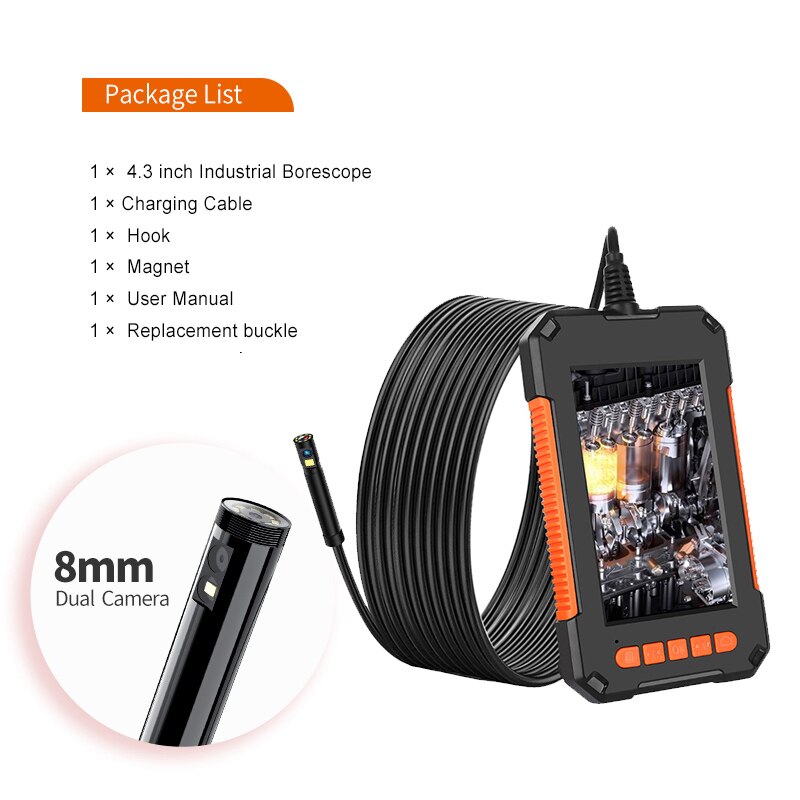 Industrial Endoscope Camera 1080P 4.3 Inch IPS Single Dual Lens Pipe Car Inspection Borescope IP68 Waterproof With 8 LED