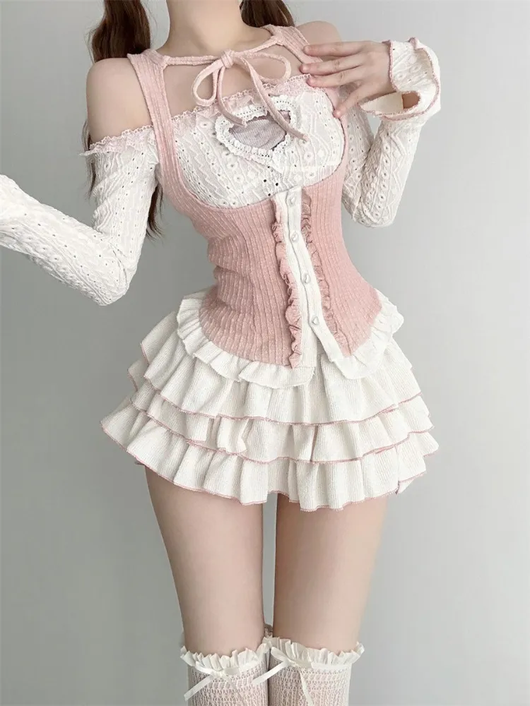 Japanese Style Kawaii Clothing 3 Piece Skirts Set Women Bodycon Slim Even Party Clothing 2023 Autumn Lolita Suits Y2k