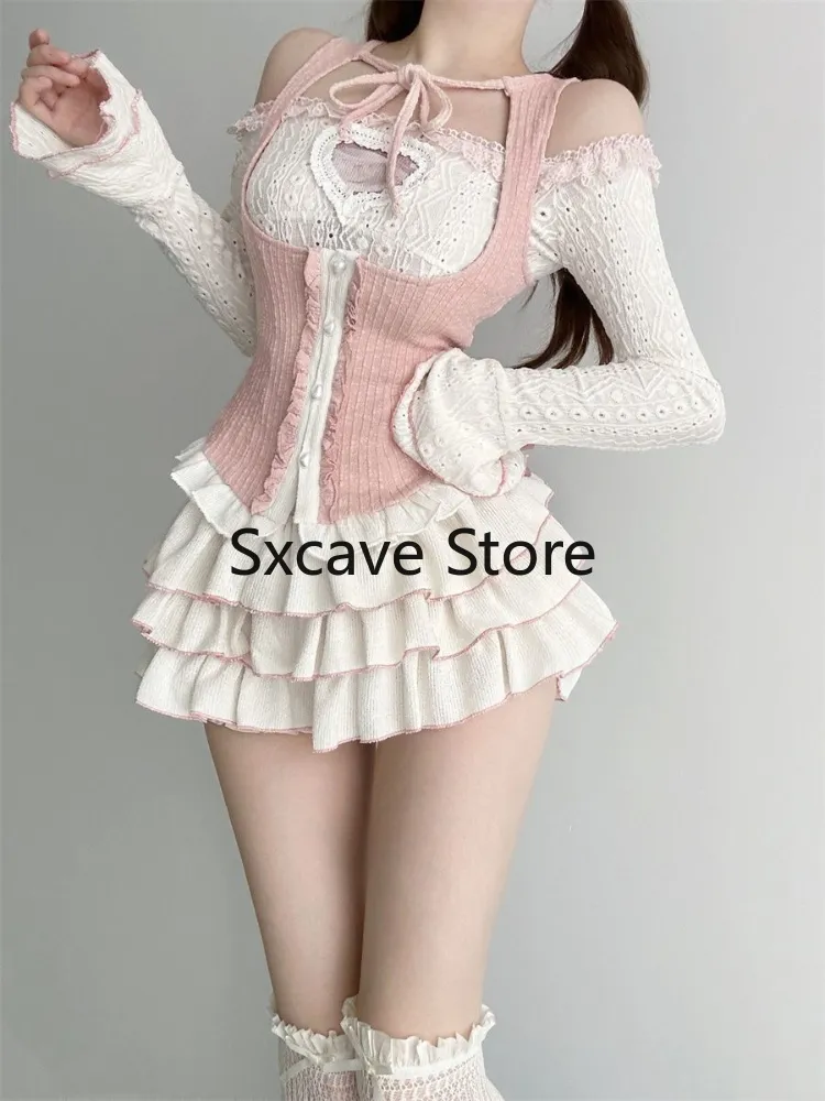 Japanese Style Kawaii Clothing 3 Piece Skirts Set Women Bodycon Slim Even Party Clothing 2023 Autumn Lolita Suits Y2k