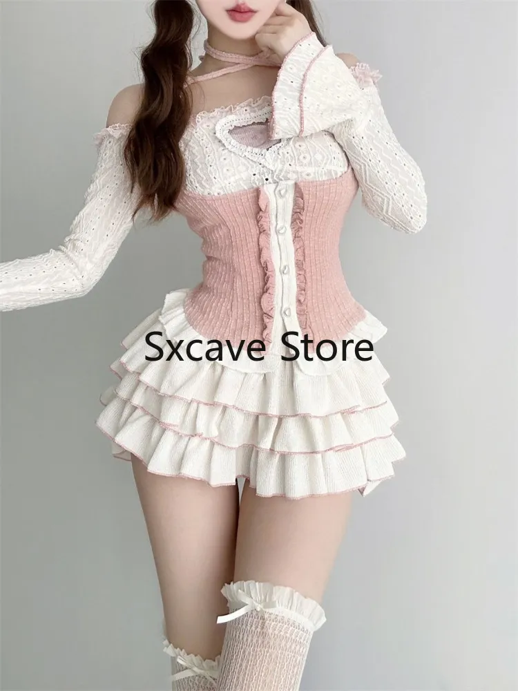 Japanese Style Kawaii Clothing 3 Piece Skirts Set Women Bodycon Slim Even Party Clothing 2023 Autumn Lolita Suits Y2k