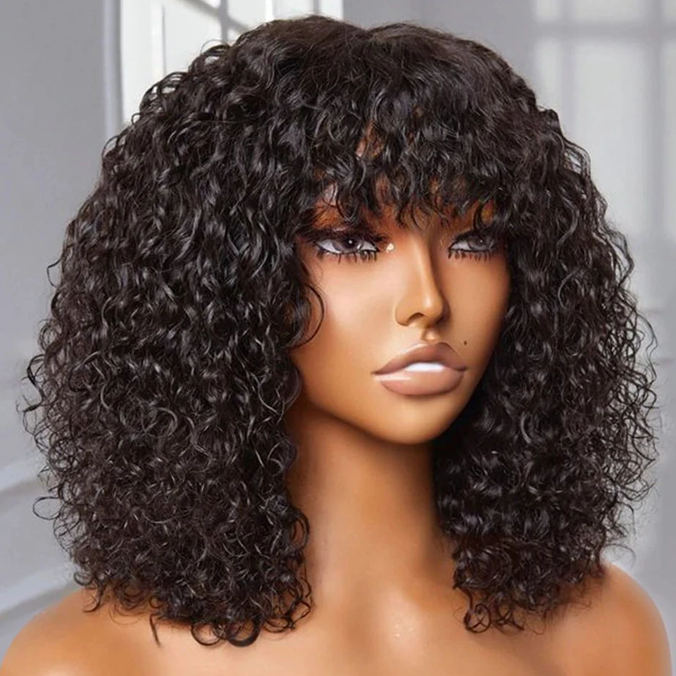 Jerry Curly Short Bob Human Hair Wigs With Bangs Wear To Go Glueless Wig Highlight Honey Water Wave Blonde Colored Wig