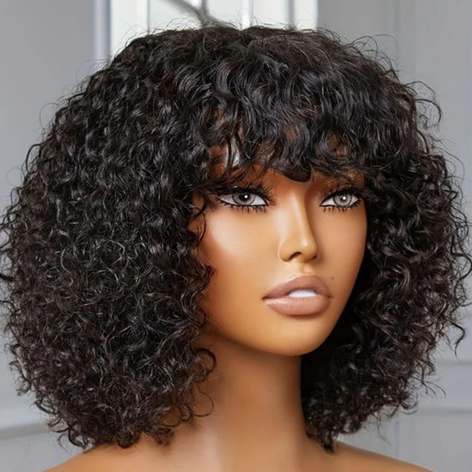 Jerry Curly Short Bob Human Hair Wigs With Bangs Wear To Go Glueless Wig Highlight Honey Water Wave Blonde Colored Wig