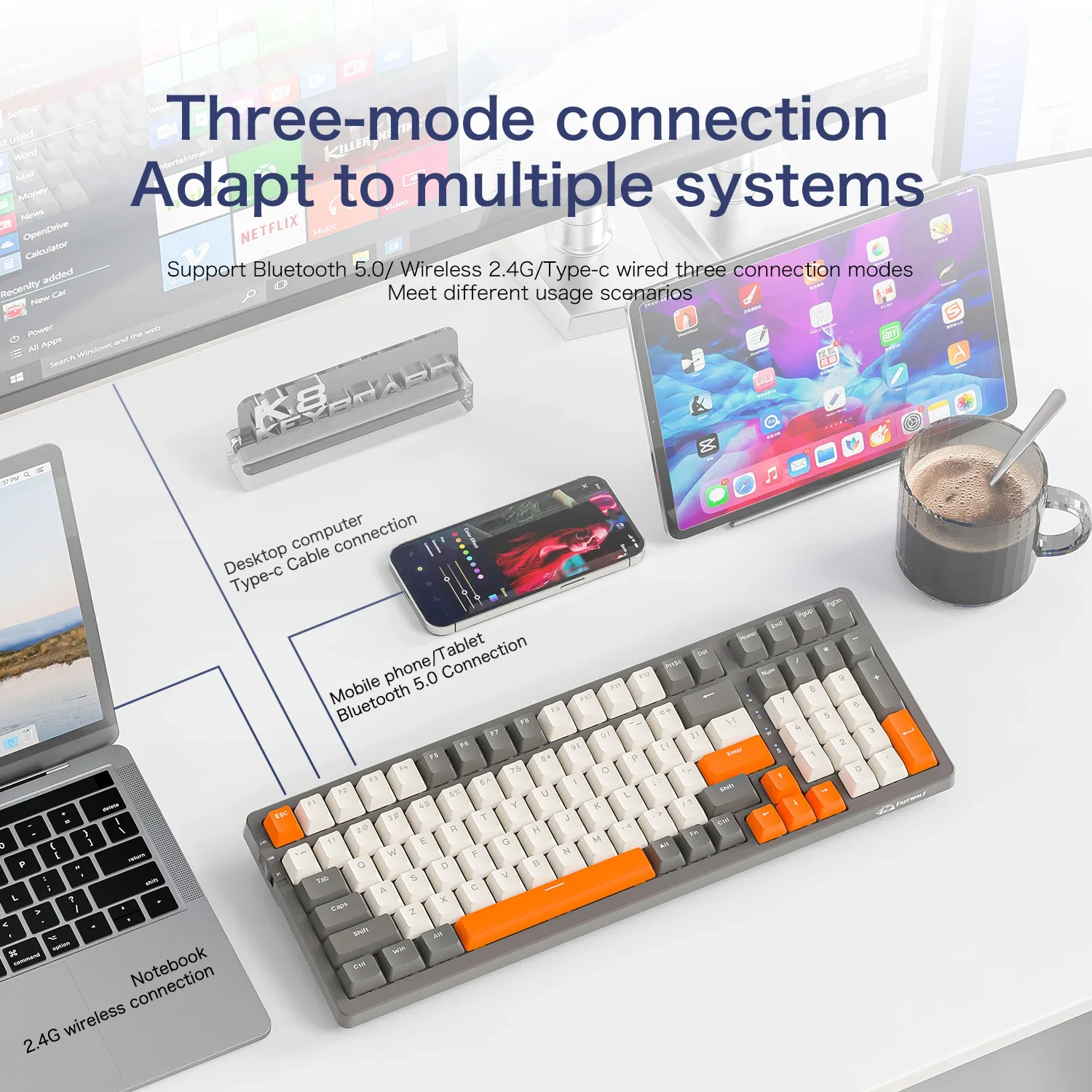K8 100 Key Wireless Mechanical Keyboard Tri-mode Connection,Full Key Hot Swap,lighting Effects,Gasket Muffler K8 100 Key Wireless Mechanical Keyboard Tri-mode Connection,Full Key Hot Swap,lighting Effects,Gasket Muffler
