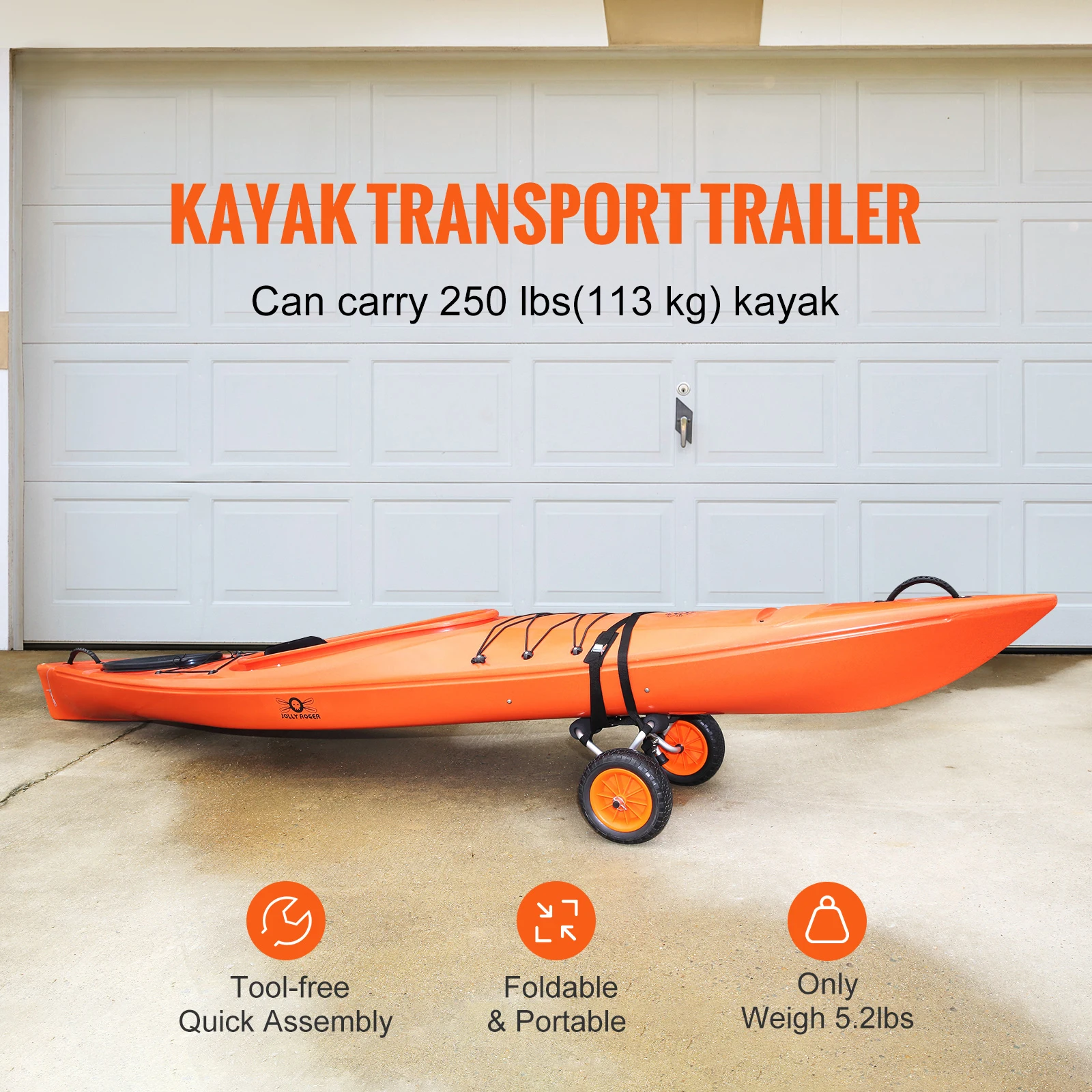 Kayak Cart 250lbs Foldable Canoe Trolley Cart with 10” Tires Support Foot for Paddleboards Float Mats Jon Boats