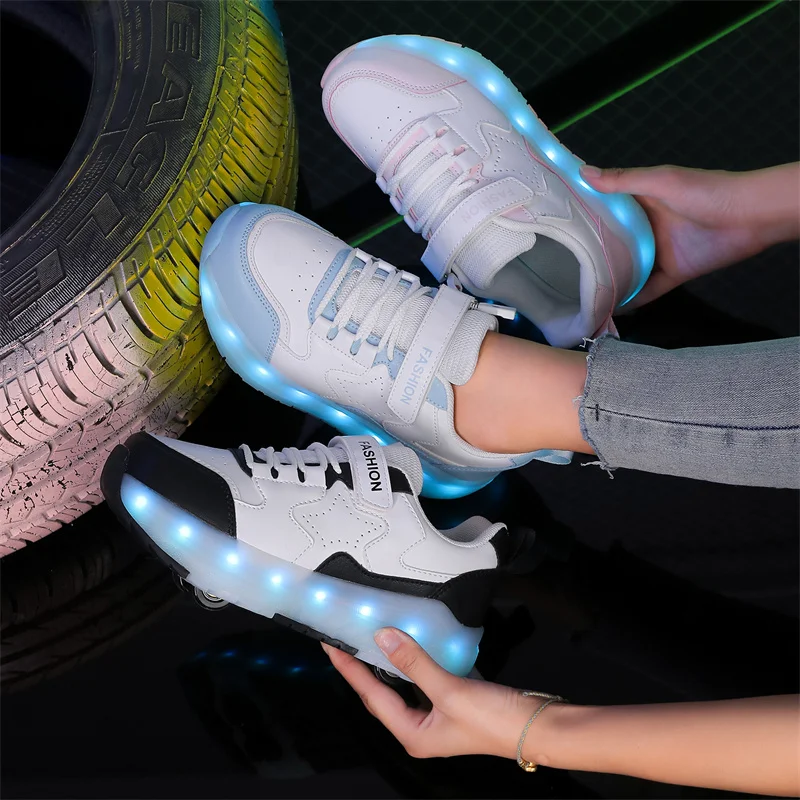 Kid Led Sneakers USB Charging Luminous Shoes Outdoor Sport Roller Skates Children Four Wheels Boys Girls Casual Shoes