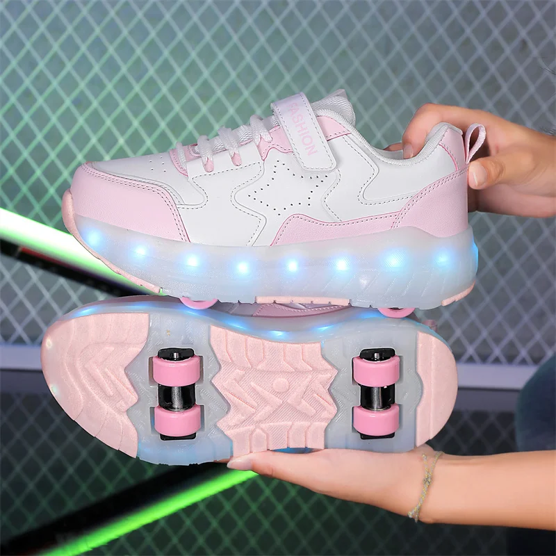 Kid Led Sneakers USB Charging Luminous Shoes Outdoor Sport Roller Skates Children Four Wheels Boys Girls Casual Shoes