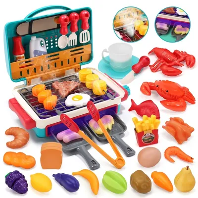 Kids BBQ Grill Toy Barbecue Kitchen Cooking Playset with Realistic Spray Light Sound Color Changing Play Food and Dishes Kids BBQ Grill Toy Barbecue Kitchen Cooking Playset with Realistic Spray Light Sound Color Changing Play Food and Dishes