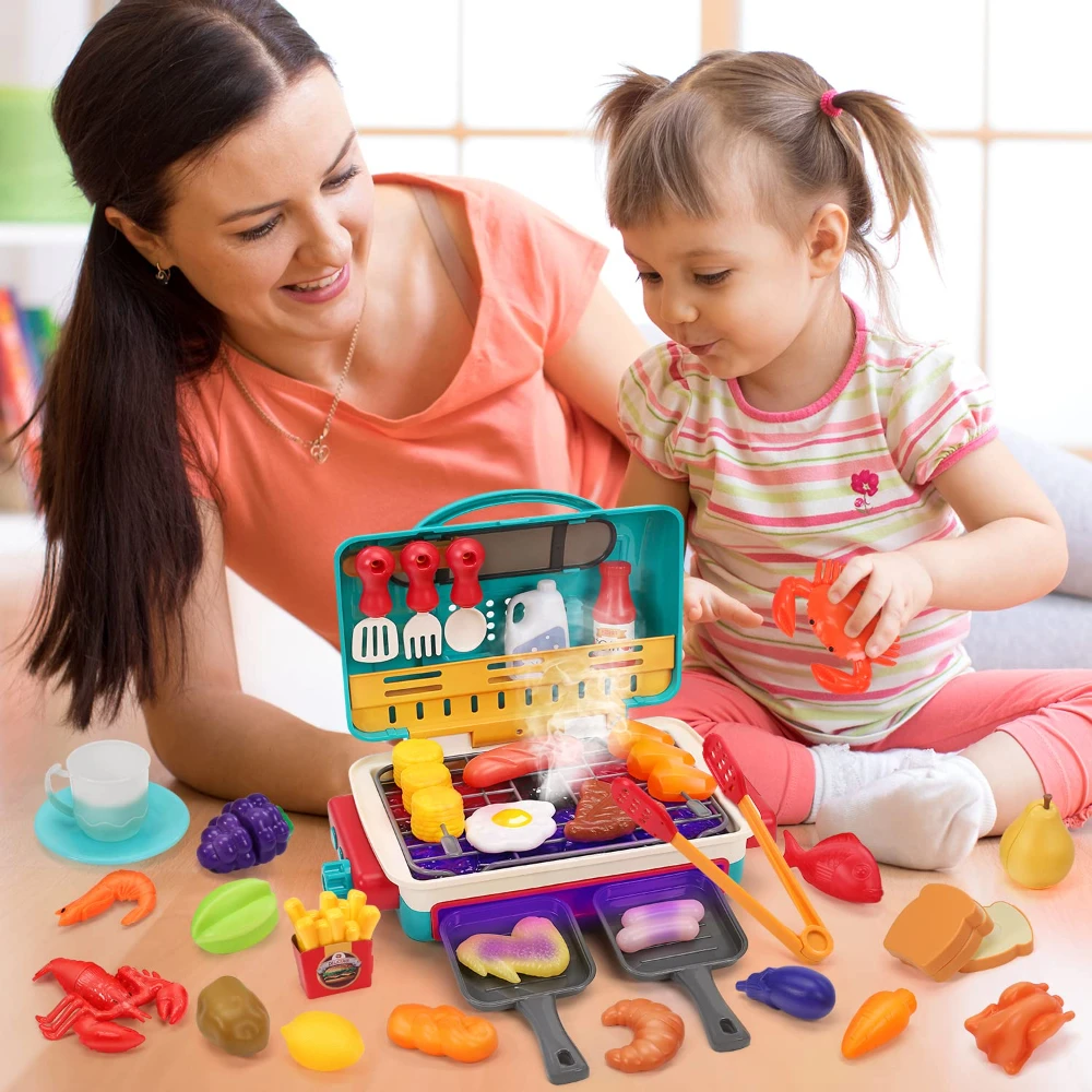 Kids BBQ Grill Toy Barbecue Kitchen Cooking Playset with Realistic Spray Light Sound Color Changing Play Food and Dishes Kids BBQ Grill Toy Barbecue Kitchen Cooking Playset with Realistic Spray Light Sound Color Changing Play Food and Dishes