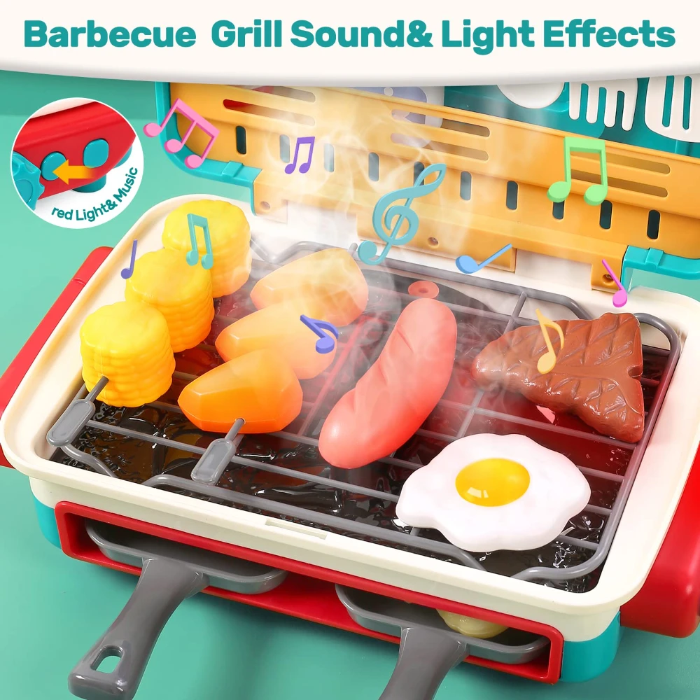 Kids BBQ Grill Toy Barbecue Kitchen Cooking Playset with Realistic Spray Light Sound Color Changing Play Food and Dishes Kids BBQ Grill Toy Barbecue Kitchen Cooking Playset with Realistic Spray Light Sound Color Changing Play Food and Dishes