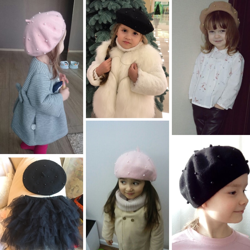 Kids Beret Wool Hat with Pearls Kids Beret Wool Hat with Pearls