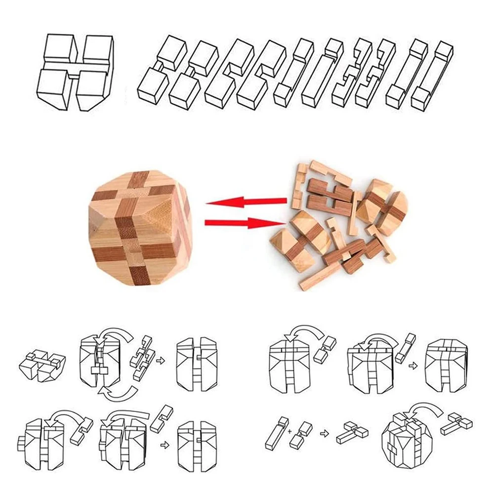 Kids Children Adult Kong Ming Luban Lock 3D Handmade Bamboo Math Puzzles Brain Teasers Educational Finger Toy Birthday