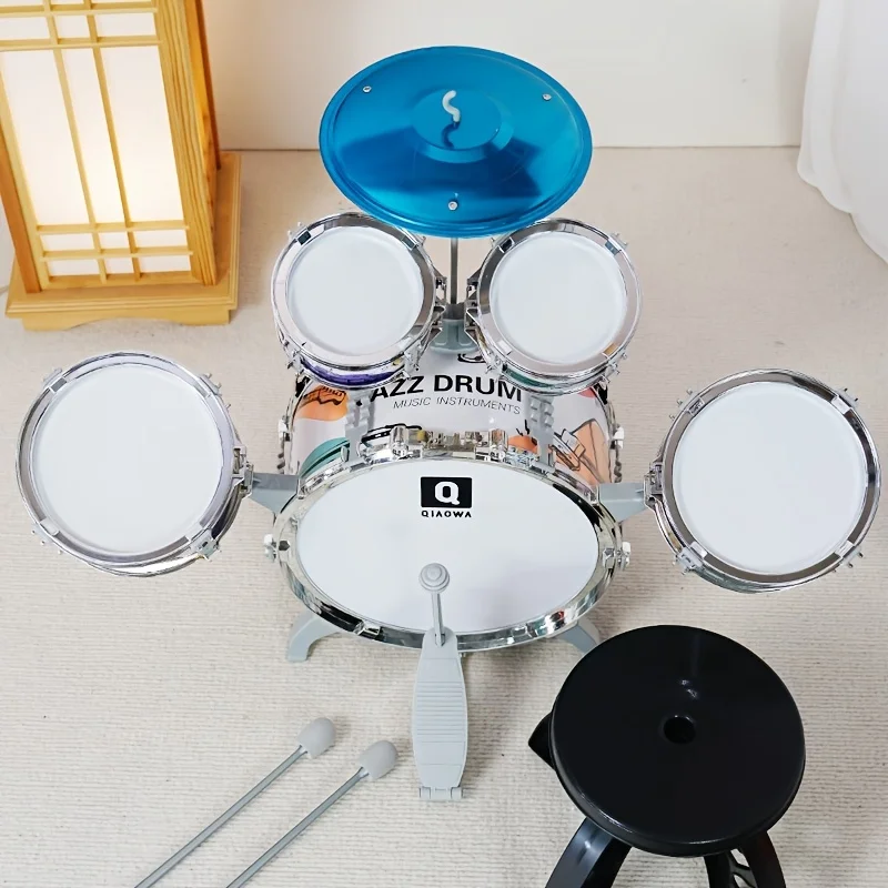Kids Drum Set Toddler Jazz Drum Kit Toys with Stool Pedal Percussion Musical Instruments Drum Toy Early Education Gift
