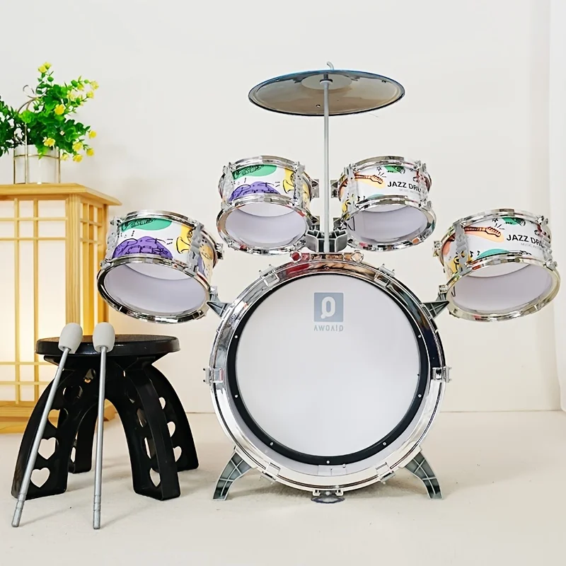 Kids Drum Set Toddler Jazz Drum Kit Toys with Stool Pedal Percussion Musical Instruments Drum Toy Early Education Gift