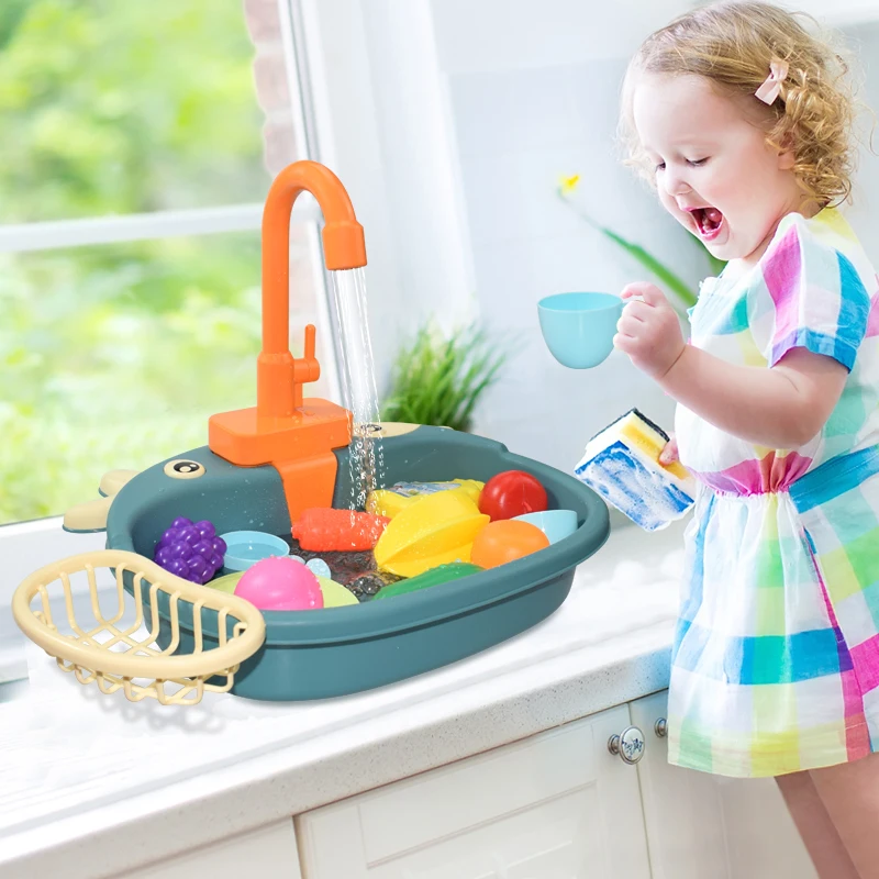 Kids Kitchen Sink Toys Simulation Electric Dishwasher Mini Kitchen Food Pretend Play House Toy Set Children Role Play
