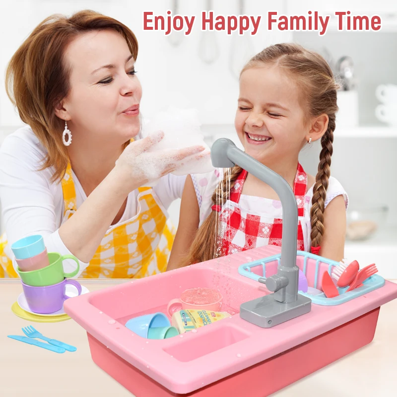 Kids Kitchen Sink Toys Simulation Electric Dishwasher Mini Kitchen Food Pretend Play House Toy Set Children Role Play
