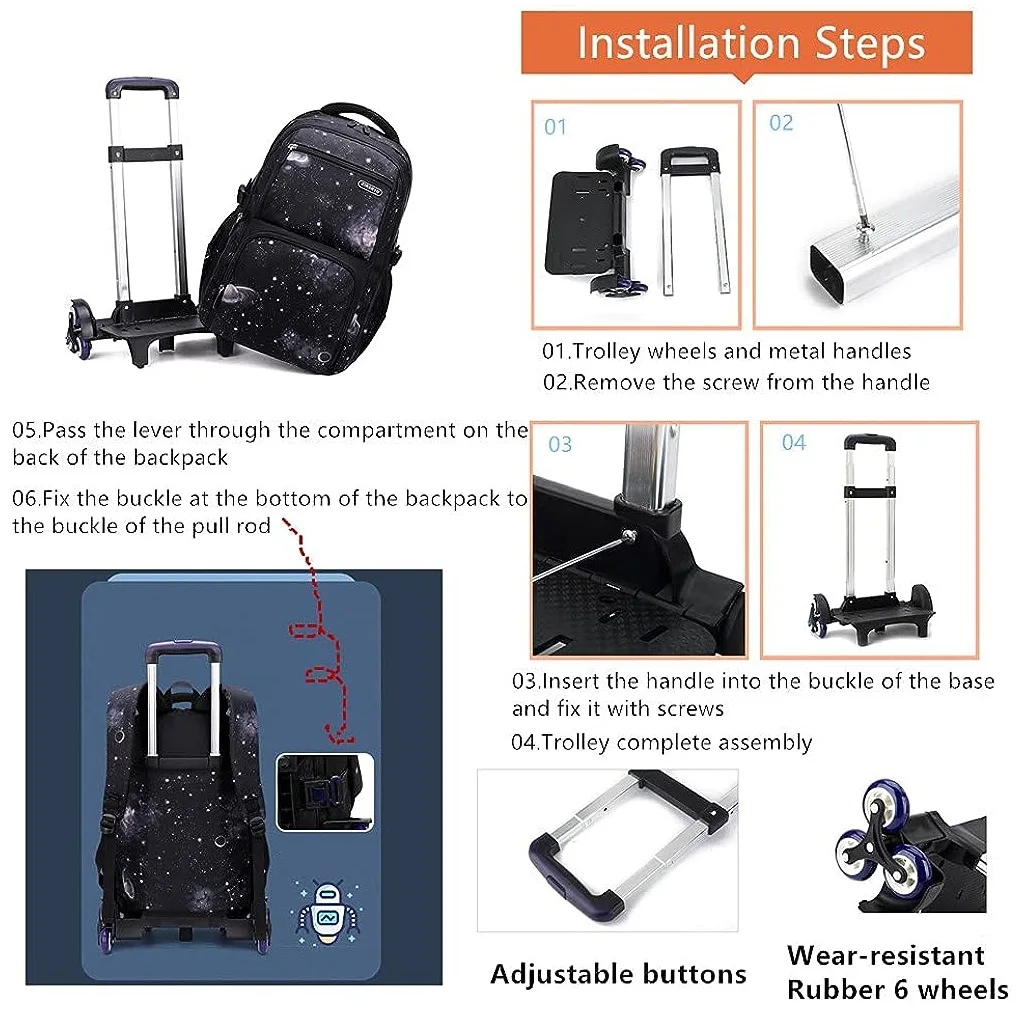 Kids School Bag With Wheels Rolling Backpack for Boy Wheeled School Bag 6 Wheels Trolley Bookbag Carry on Luggage with
