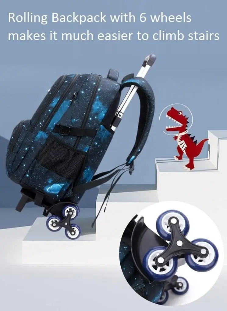 Kids School Bag With Wheels Rolling Backpack for Boy Wheeled School Bag 6 Wheels Trolley Bookbag Carry on Luggage with
