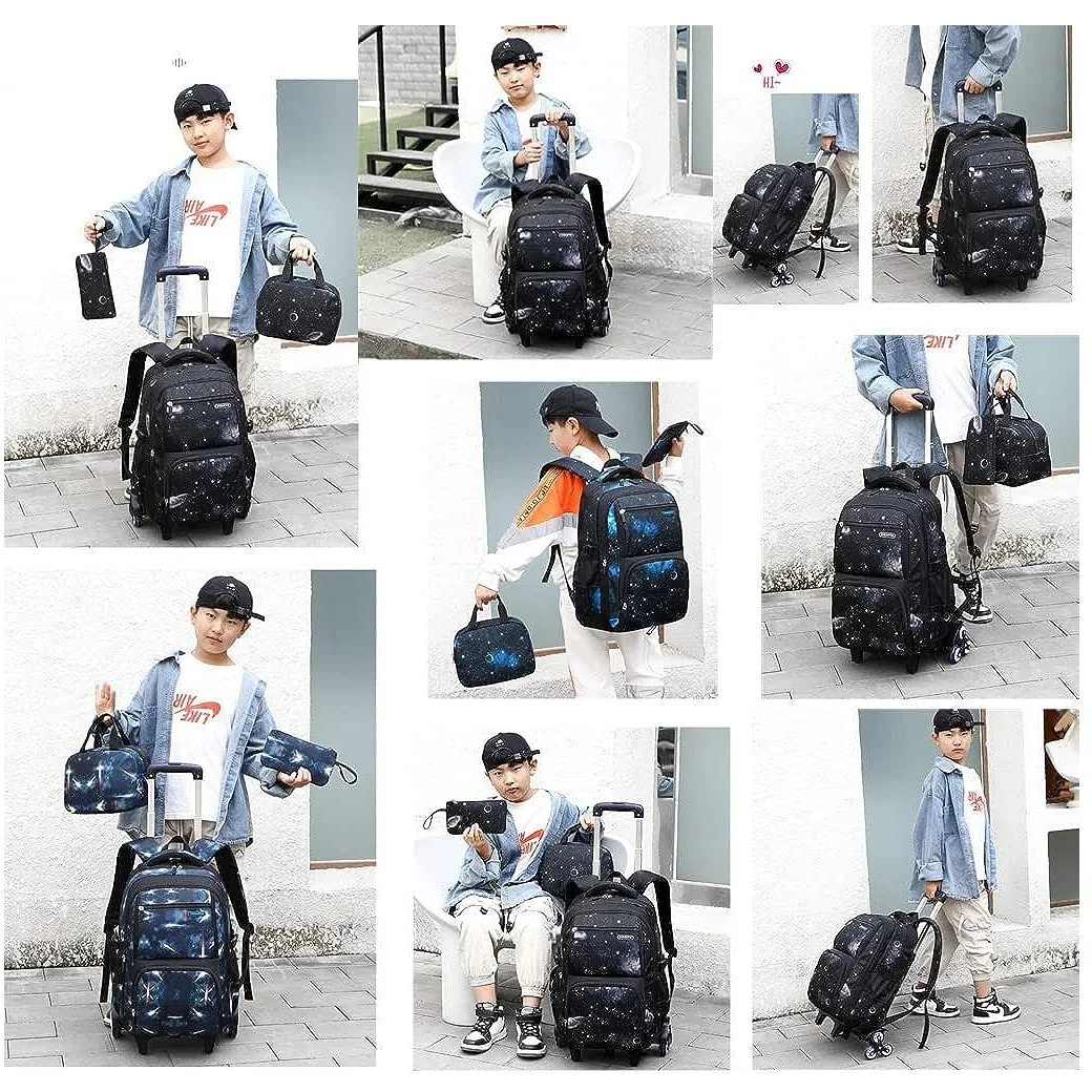 Kids School Bag With Wheels Rolling Backpack for Boy Wheeled School Bag 6 Wheels Trolley Bookbag Carry on Luggage with
