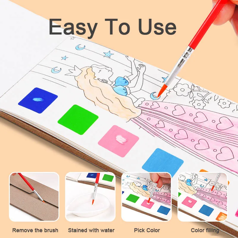 Kids Water Colouring Book Portable Watercolor Painting Book Paint With Water Brush Gouache Picture Coloring