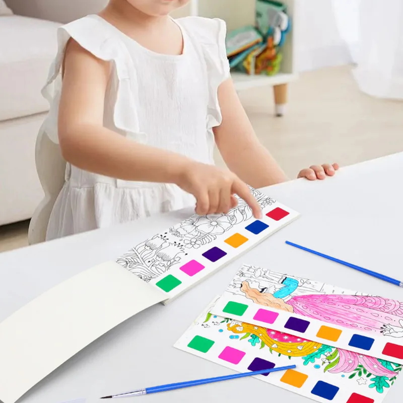 Kids Water Colouring Book Portable Watercolor Painting Book Paint With Water Brush Gouache Picture Coloring