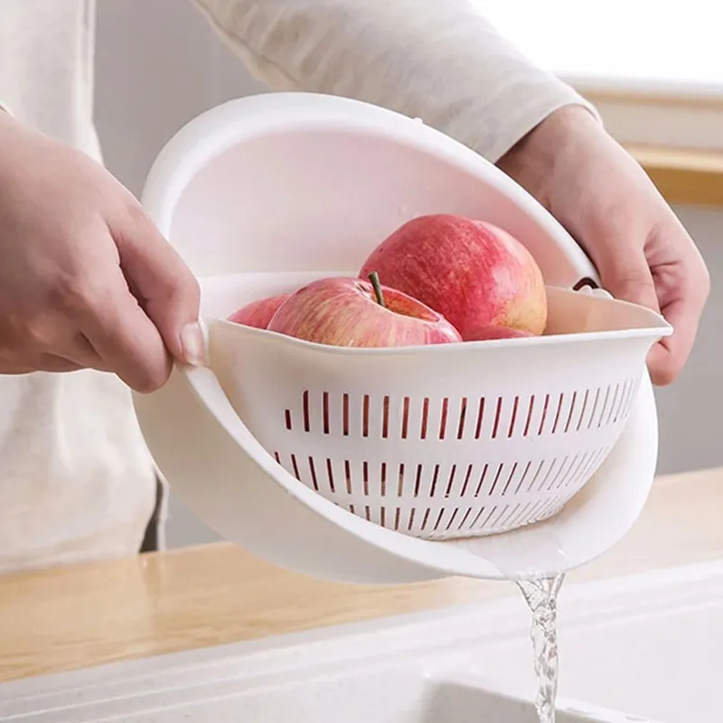 Kitchen Rotatable Double Drain Basket Fruits Vegetables Washing Storage Basket Strainers Bowl Cleaning Filter Colander Kitchen Rotatable Double Drain Basket Fruits Vegetables Washing Storage Basket Strainers Bowl Cleaning Filter Colander