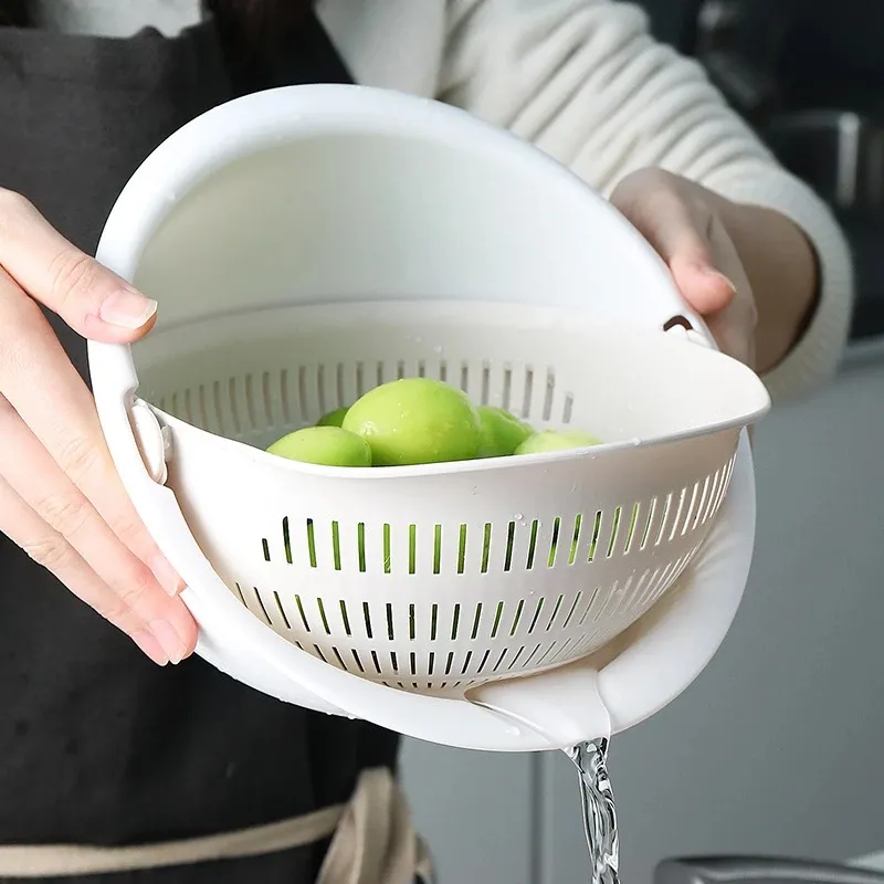 Kitchen Rotatable Double Drain Basket Fruits Vegetables Washing Storage Basket Strainers Bowl Cleaning Filter Colander Kitchen Rotatable Double Drain Basket Fruits Vegetables Washing Storage Basket Strainers Bowl Cleaning Filter Colander