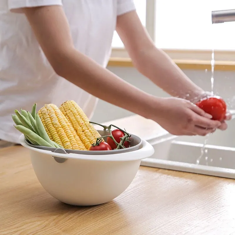Kitchen Rotatable Double Drain Basket Fruits Vegetables Washing Storage Basket Strainers Bowl Cleaning Filter Colander Kitchen Rotatable Double Drain Basket Fruits Vegetables Washing Storage Basket Strainers Bowl Cleaning Filter Colander
