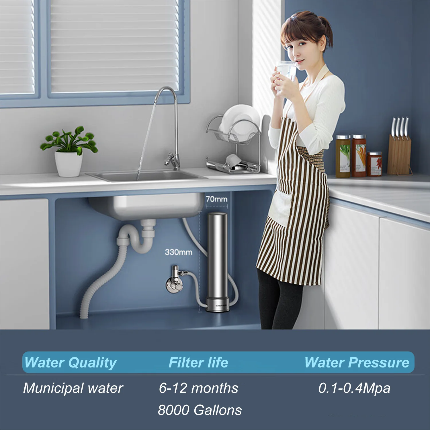 Kitchen Under Sink Drinking Water Filter Purifier 5 in 1, Stainless Steel Filtration System With Faucet