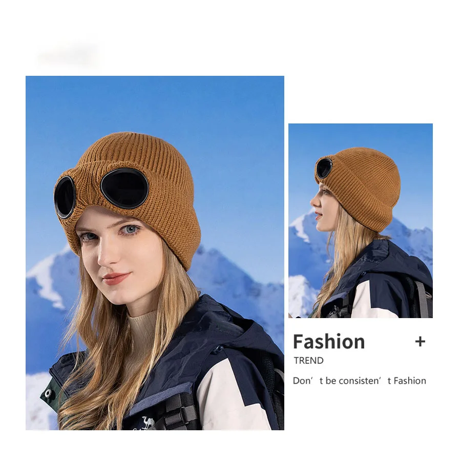 Knitted Hat with Goggles Windproof Winter Warmer Ski Beanies Soft Warm Anti-slip Ear
