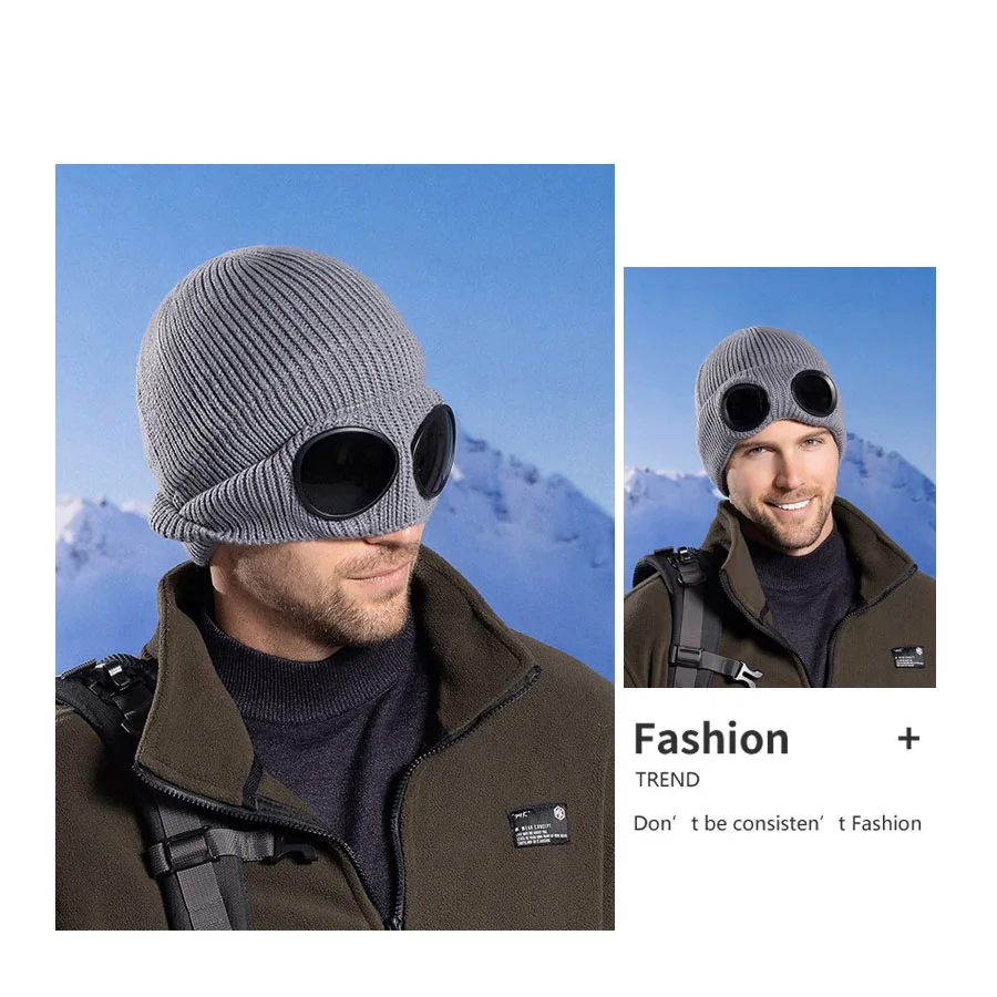 Knitted Hat with Goggles Windproof Winter Warmer Ski Beanies Soft Warm Anti-slip Ear