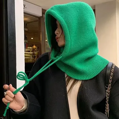 Knitted Hooded Caps Winter Balaclava Hats Women Korean Style Outdoor Warmer Drawstring Hats One-piece Neck Collar