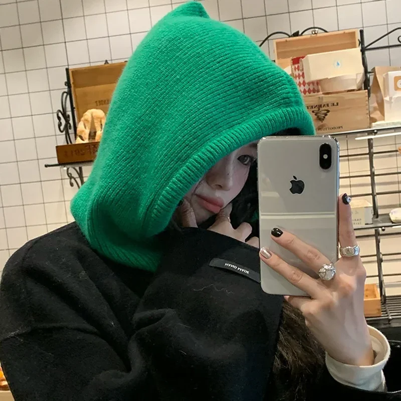Knitted Hooded Caps Winter Balaclava Hats Women Korean Style Outdoor Warmer Drawstring Hats One-piece Neck Collar