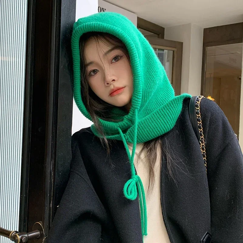 Knitted Hooded Caps Winter Balaclava Hats Women Korean Style Outdoor Warmer Drawstring Hats One-piece Neck Collar