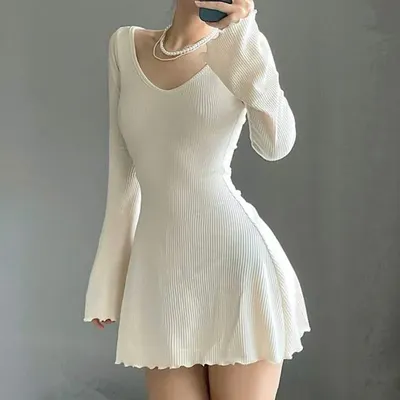 Knitting Elegant Dress For Women Spring Fall Solid Color V Neck Office Lady Irregular Hem Simple Basic Slim Dresses Knitting Elegant Dress For Women Spring Fall Solid Color V Neck Office Lady Irregular Hem Simple Basic Slim Dresses