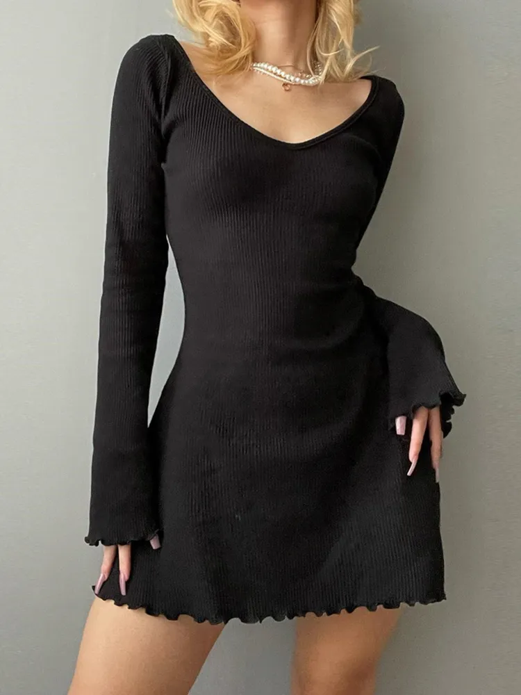 Knitting Elegant Dress For Women Spring Fall Solid Color V Neck Office Lady Irregular Hem Simple Basic Slim Dresses Knitting Elegant Dress For Women Spring Fall Solid Color V Neck Office Lady Irregular Hem Simple Basic Slim Dresses