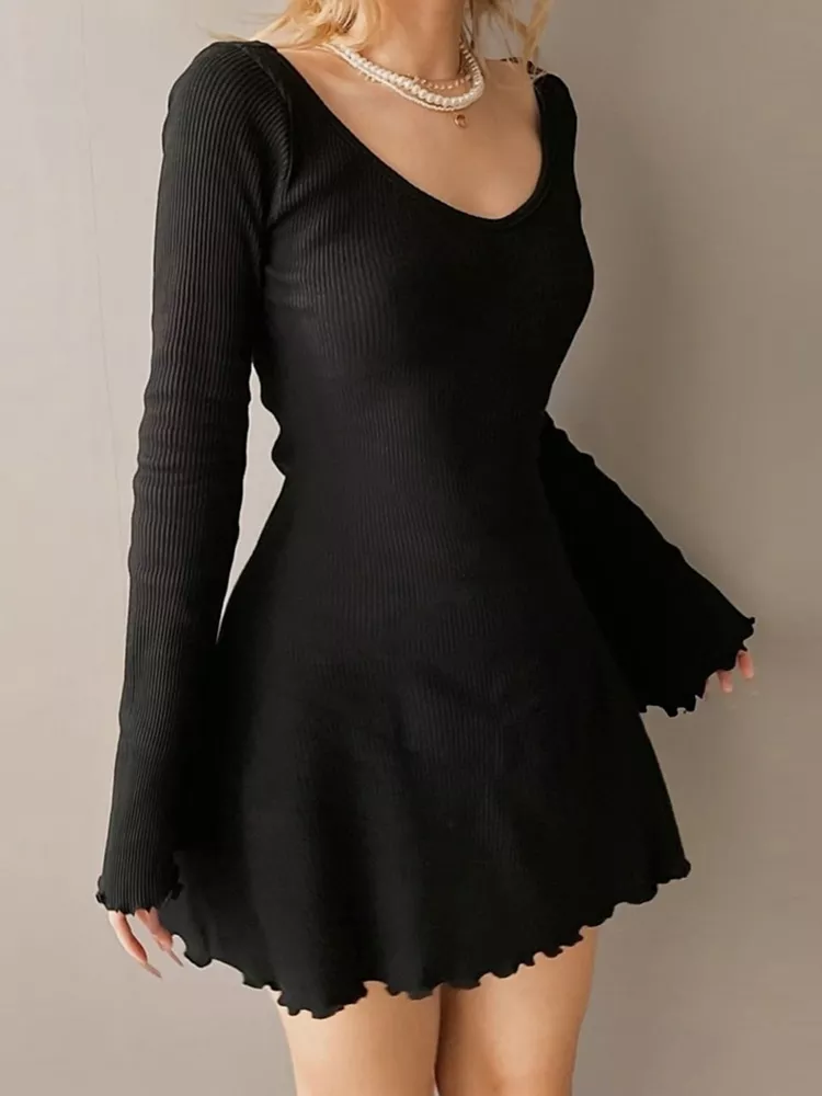 Knitting Elegant Dress For Women Spring Fall Solid Color V Neck Office Lady Irregular Hem Simple Basic Slim Dresses Knitting Elegant Dress For Women Spring Fall Solid Color V Neck Office Lady Irregular Hem Simple Basic Slim Dresses