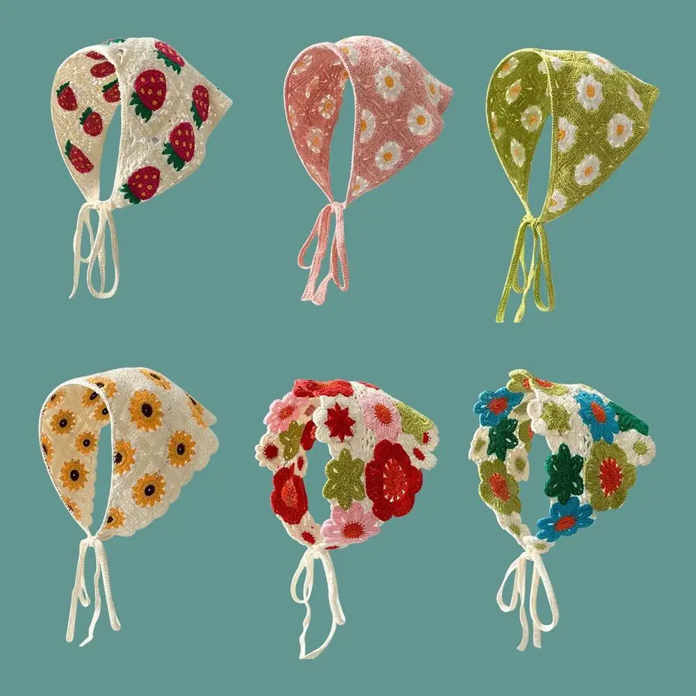 Korean Sweet Cute Handmade Crochet Hollow Triangle Headband Towel Women Spring and Summer Travel Literary Photo Hair