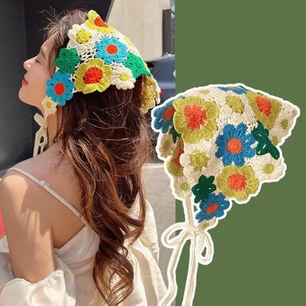 Korean Sweet Cute Handmade Crochet Hollow Triangle Headband Towel Women Spring and Summer Travel Literary Photo Hair
