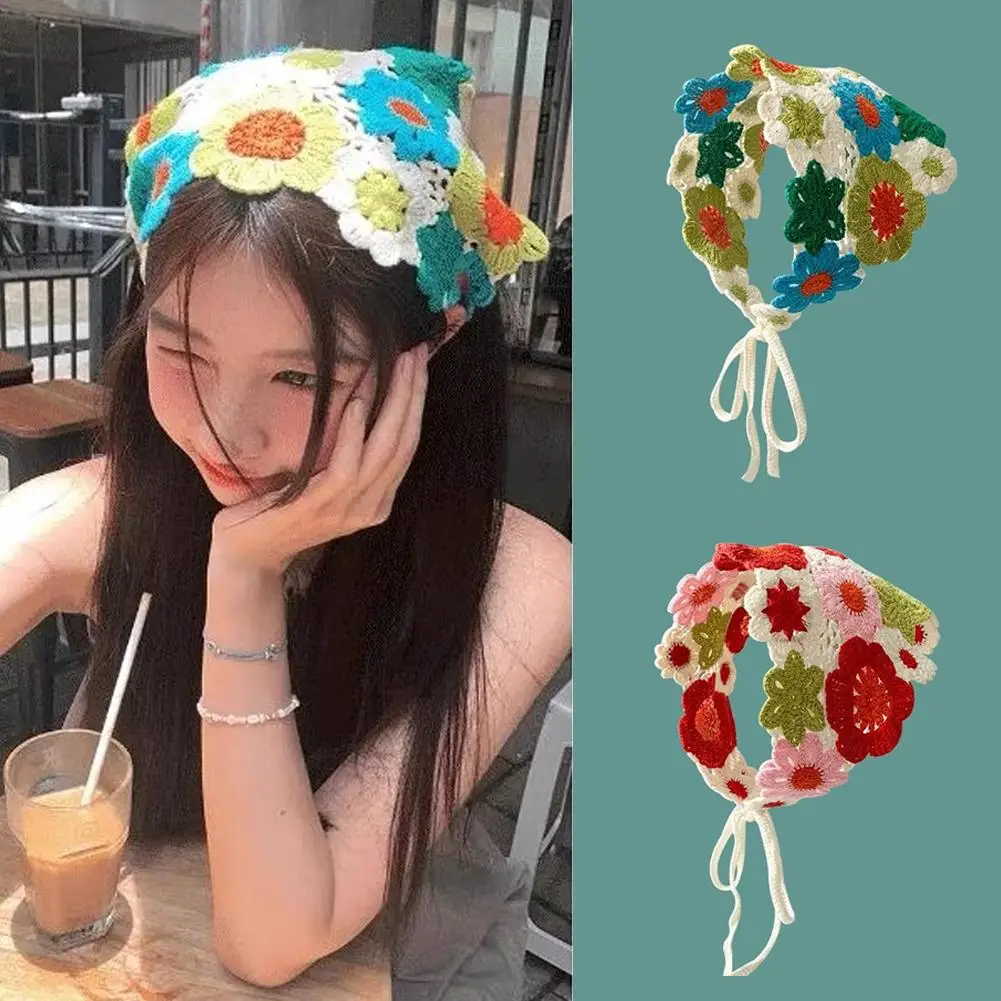 Korean Sweet Cute Handmade Crochet Hollow Triangle Headband Towel Women Spring and Summer Travel Literary Photo Hair