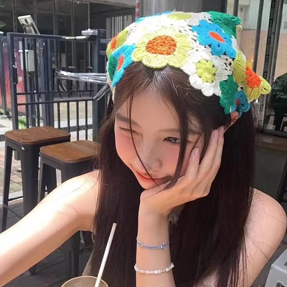 Korean Sweet Cute Handmade Crochet Hollow Triangle Headband Towel Women Spring and Summer Travel Literary Photo Hair