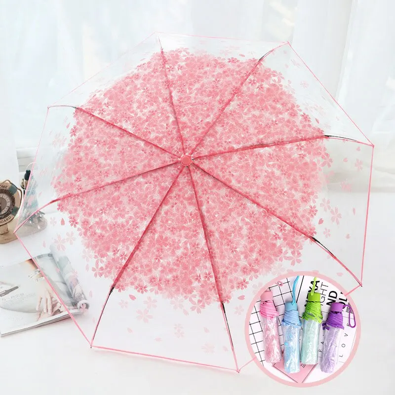 Korean Umbrella Cute Mini Fresh and Three-Fold Japanese Cherry Blossom Transparent Umbrella, Rainproof and Windproof