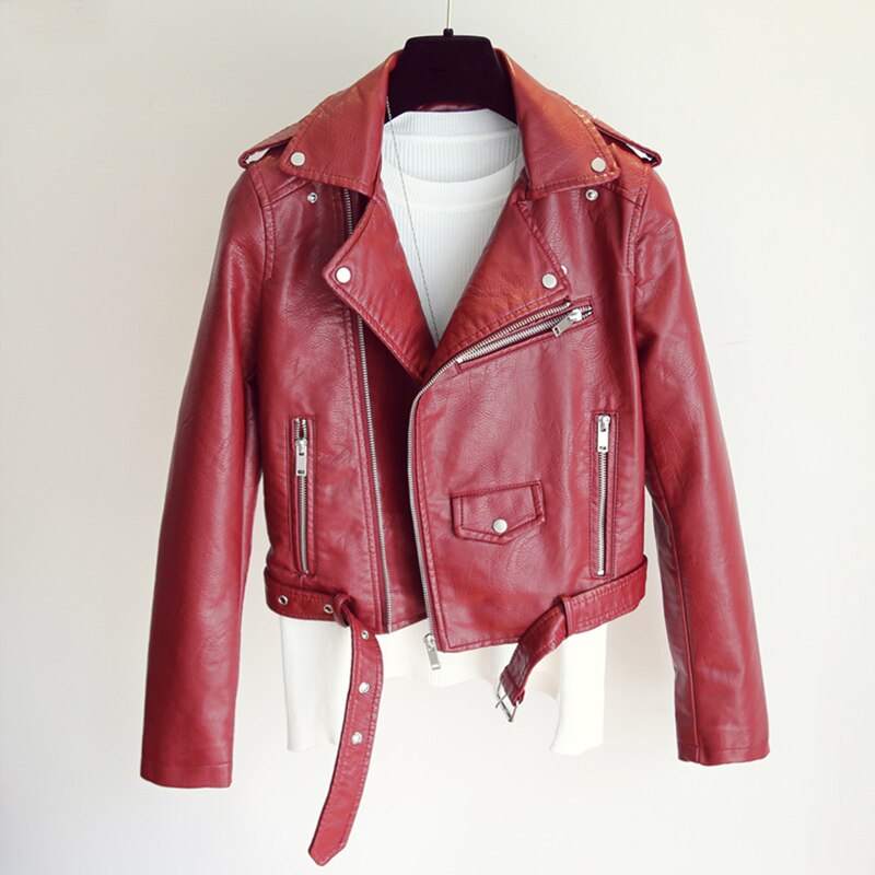 Ladies Leather Biker Jacket with Zipper Pockets