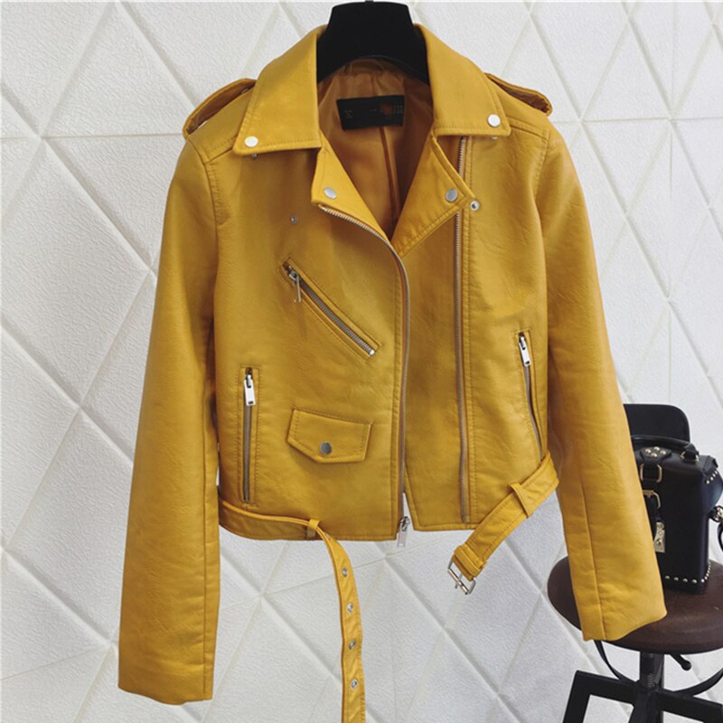 Ladies Leather Biker Jacket with Zipper Pockets