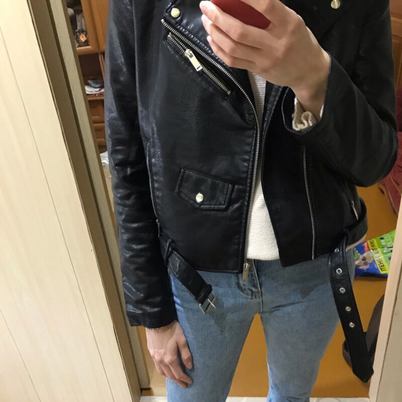 Ladies Leather Biker Jacket with Zipper Pockets