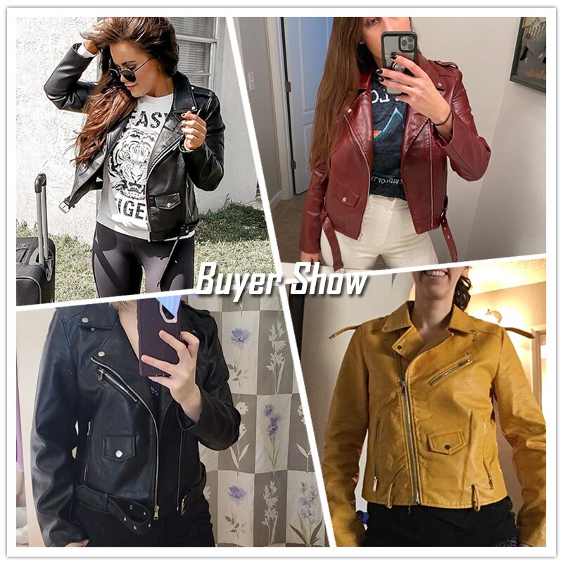 Ladies Leather Biker Jacket with Zipper Pockets